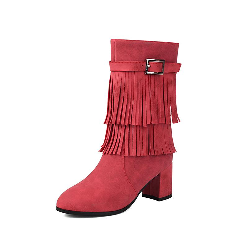 

Plus Size Frosted Velvet Material Calf Belt Buckle Tassel Side Zipper Thick Heel Roman Style Midsole Boots Retro Women s Boots 34 червоний