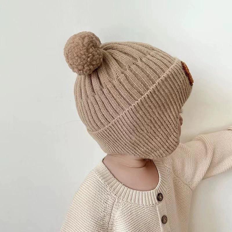 Baby Wool Hat Cute Bear Ear Protection Hat Children Winter Thickened Warm Knitted Korean Version Of The Baby Hat