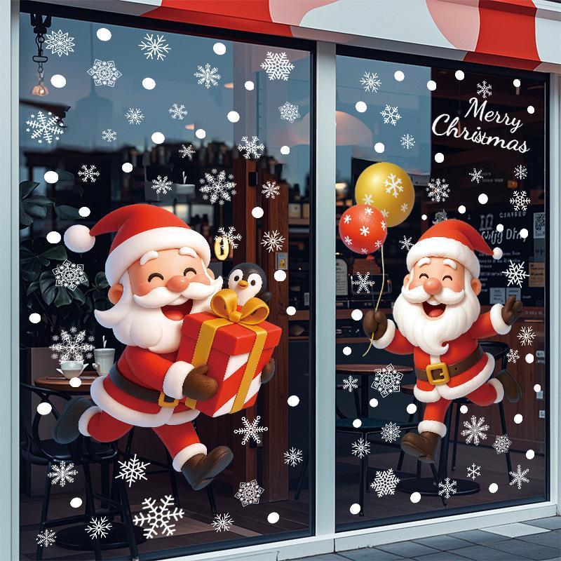 Christmas Static Window Stickers Santa Reindeer Snowman Snowflake Xmas Glass Decals Removable Christmas Home Window Decor Clings
