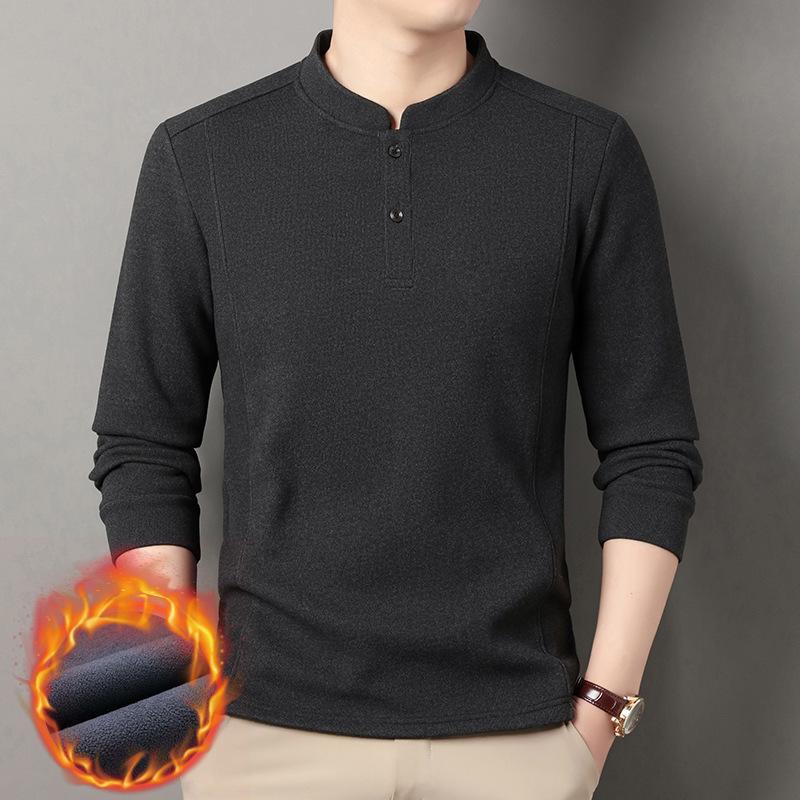 Men's Stand Collar Fleece T-shirt: Chinese Style, Long Sleeve, Thickened Velvet, Warm Casual Sweatshirt for Autumn/Winter.