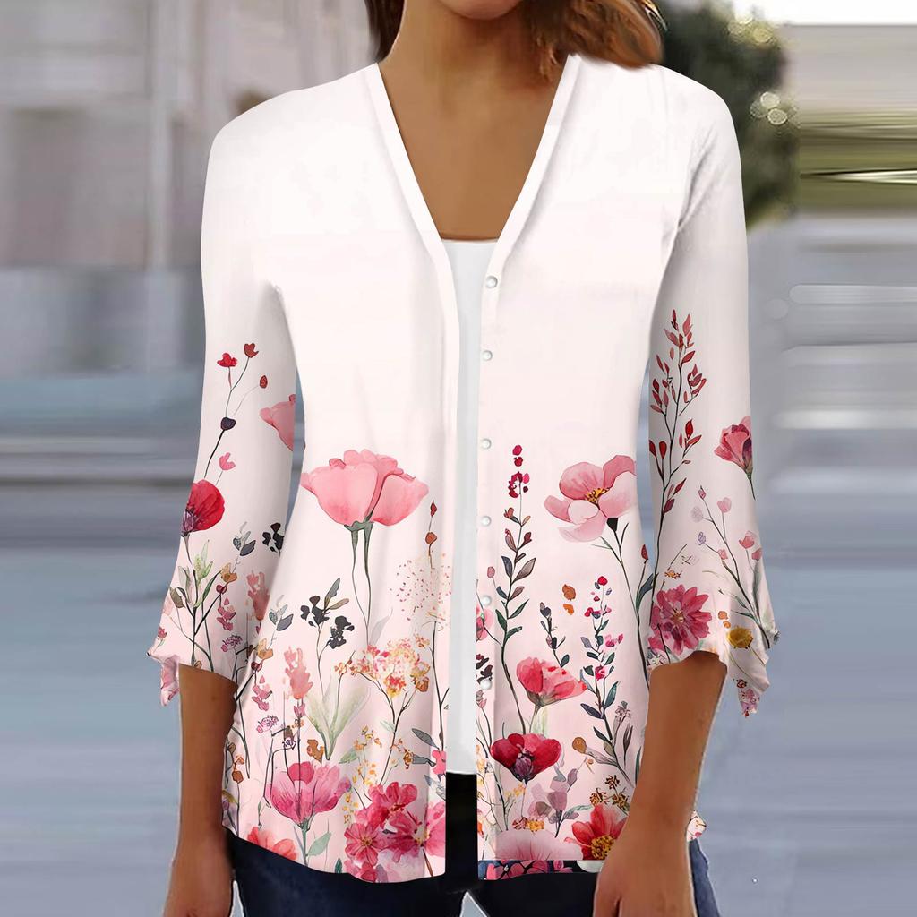 Women's Fashion Loose Casual Printed Seven-Part Sleeve Button Down Blouse Cardigan Top
