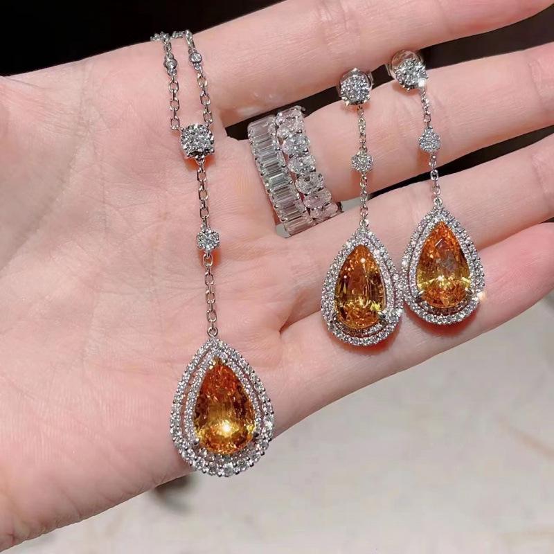 Noble Adjustable Gemstone Three-Piece Set: Yellow Diamond Teardrop Earrings, Necklace, and Ring - Versatile High-End Design