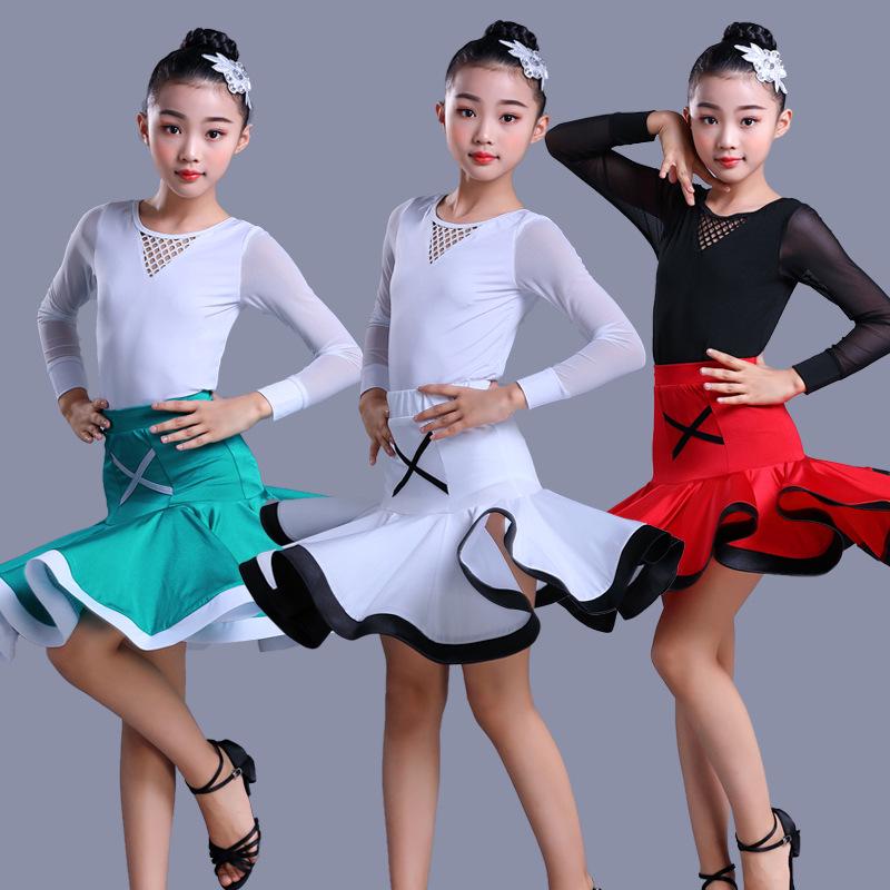 Girls' Exam Grade Latin Dance Costume Set - Long Sleeve Jumpsuit with Skirt for Autumn Practice