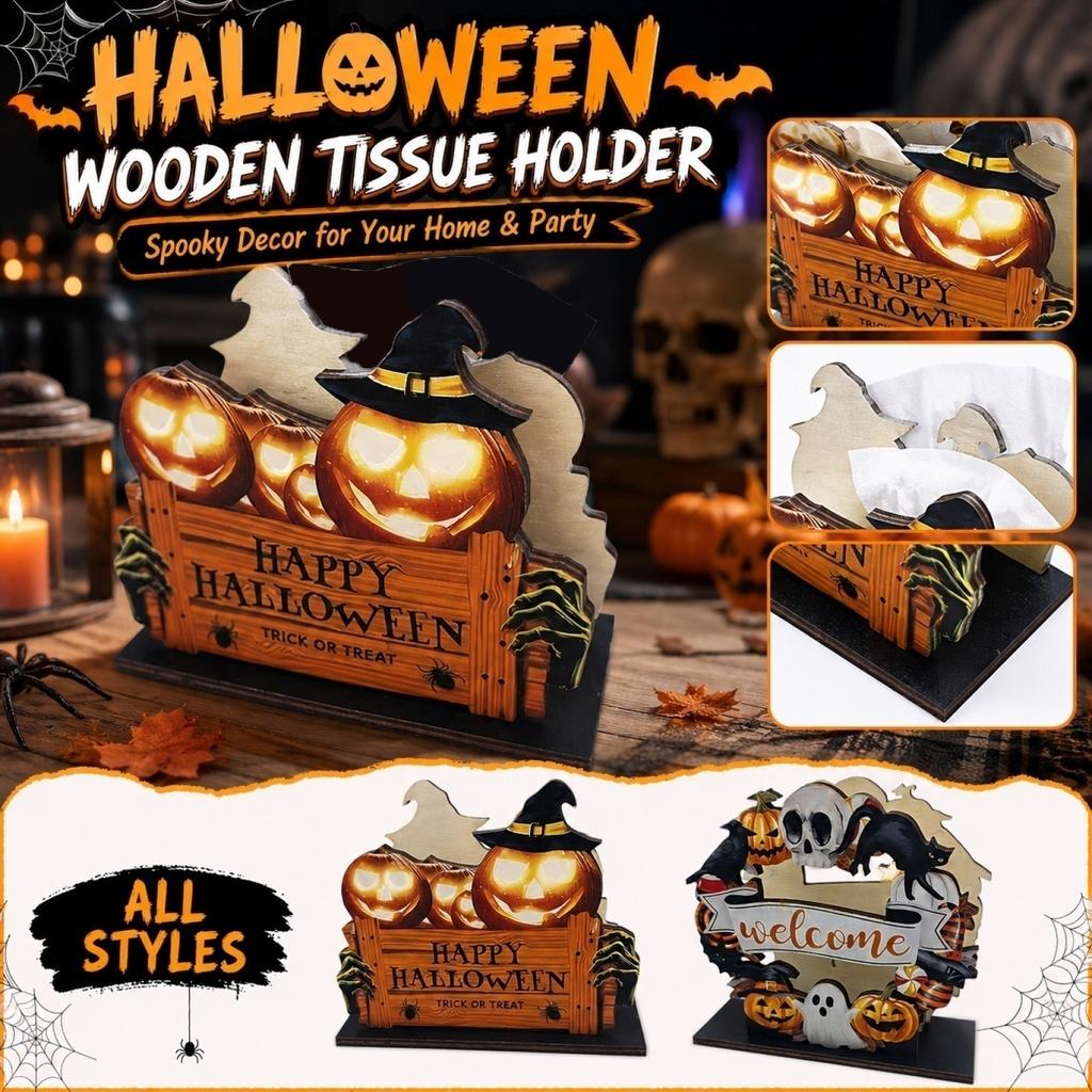 Wooden Halloween Napkin Holder Tabletop Decoration Festive Party Home Display Seasonal Ornament with Pumpkin and Ghost Design