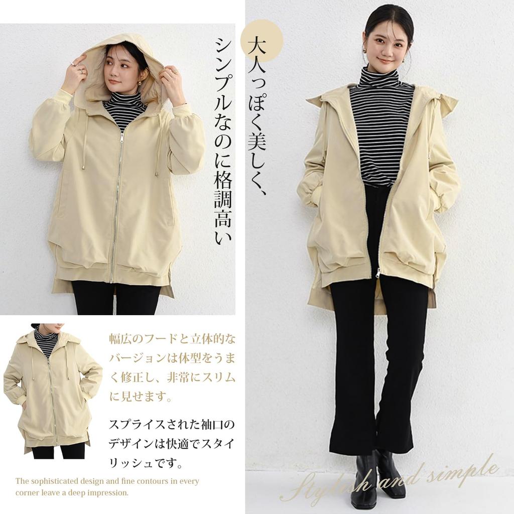 AUSKY Hooded with Zipper and Long Solid Loose Long for Everyday Wear Jacket/Coat Pockets, Sleeves, Color, Simple, Windproof, Fit, Length, Casual,
