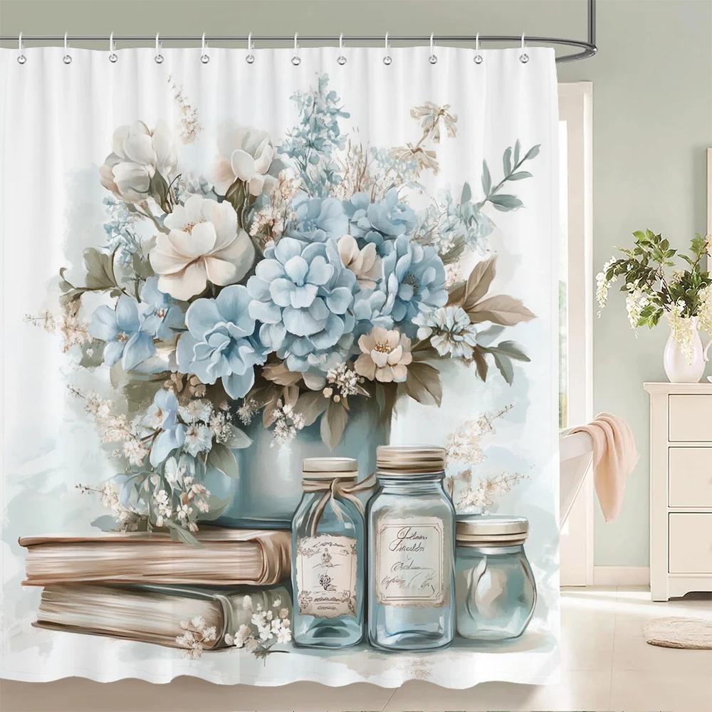 Beautiful Flowers Butterfly Shower Curtain Blue Floral Printed Bathroom Bath Curtain Home Decoration Curtain With Hooks