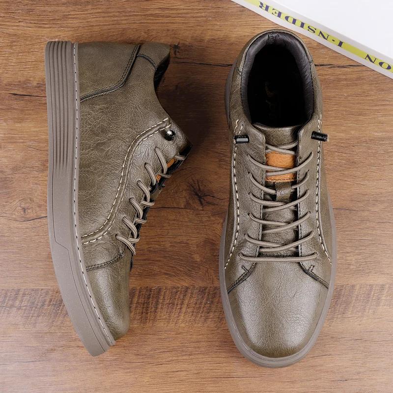 Fashion Non-Slip Versatile Men Sneakers Lace Up Genuine Leather Casual Shoes High Top Walking Shoes Warm Winter Man Ankle Boots Trainers
