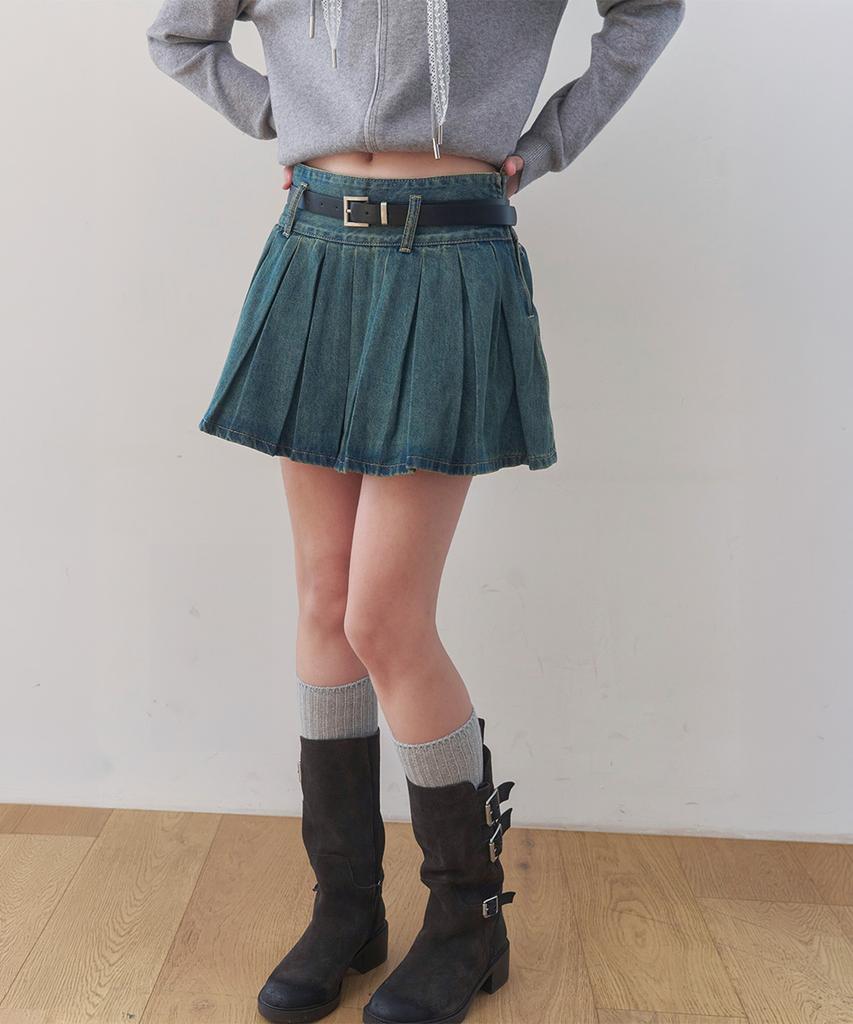 Cool Kitten Pleated Denim Mini Skirt (Blue)
