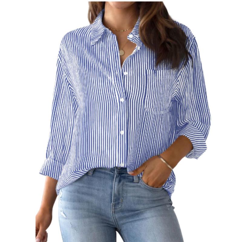 

Весенне-осенний женский свободный топ с карманами, классическая рабочая рубашка в полоску с длинными рукавами, топ XXL