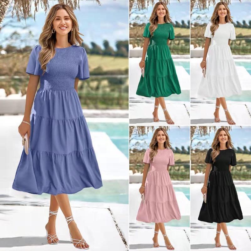 Fashion Slim Fit A Line Pleated Elegant Loose Dresses for Women Summer New Round Neck Casual Vacation Dress Women Vintage Plus Size Long Dress 26357