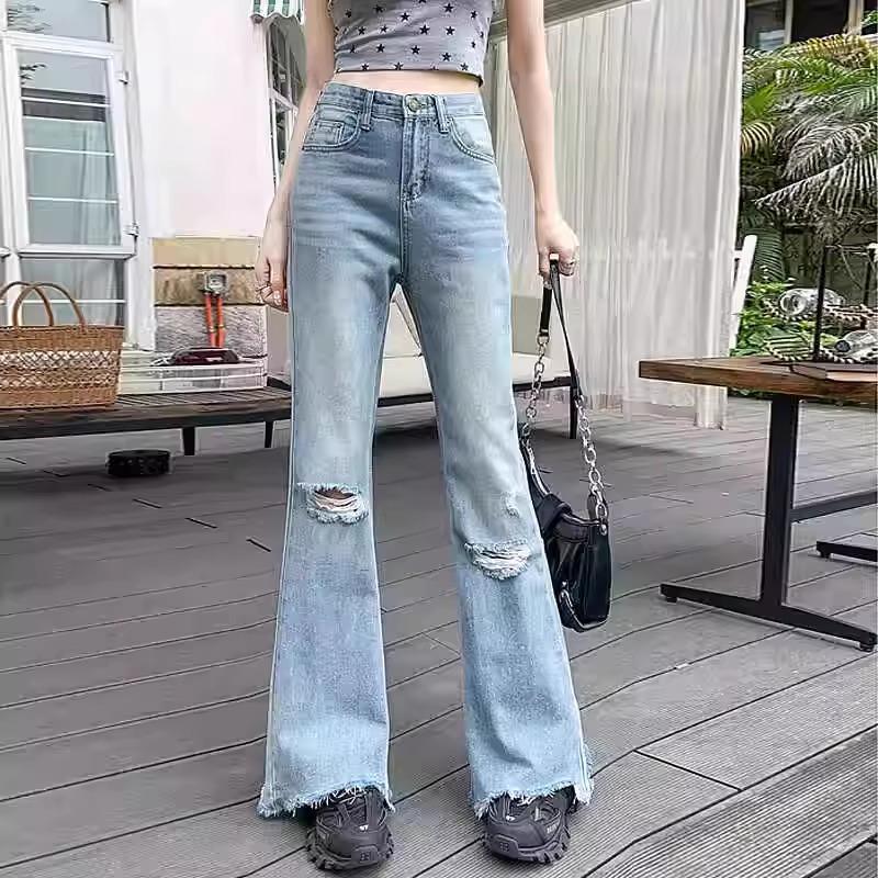 Джинсы клеш большого размера, светло-голубые, с высокой талией, рваные 4XL