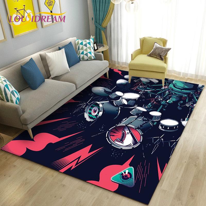 Teppich mit Schlagzeug, Musikinstrumenten, groß, Teppich für Wohnzimmer, Schlafzimmer, Sofa, Fußmatte, Küchendekoration, rutschfeste Bodenmatte für Kinder