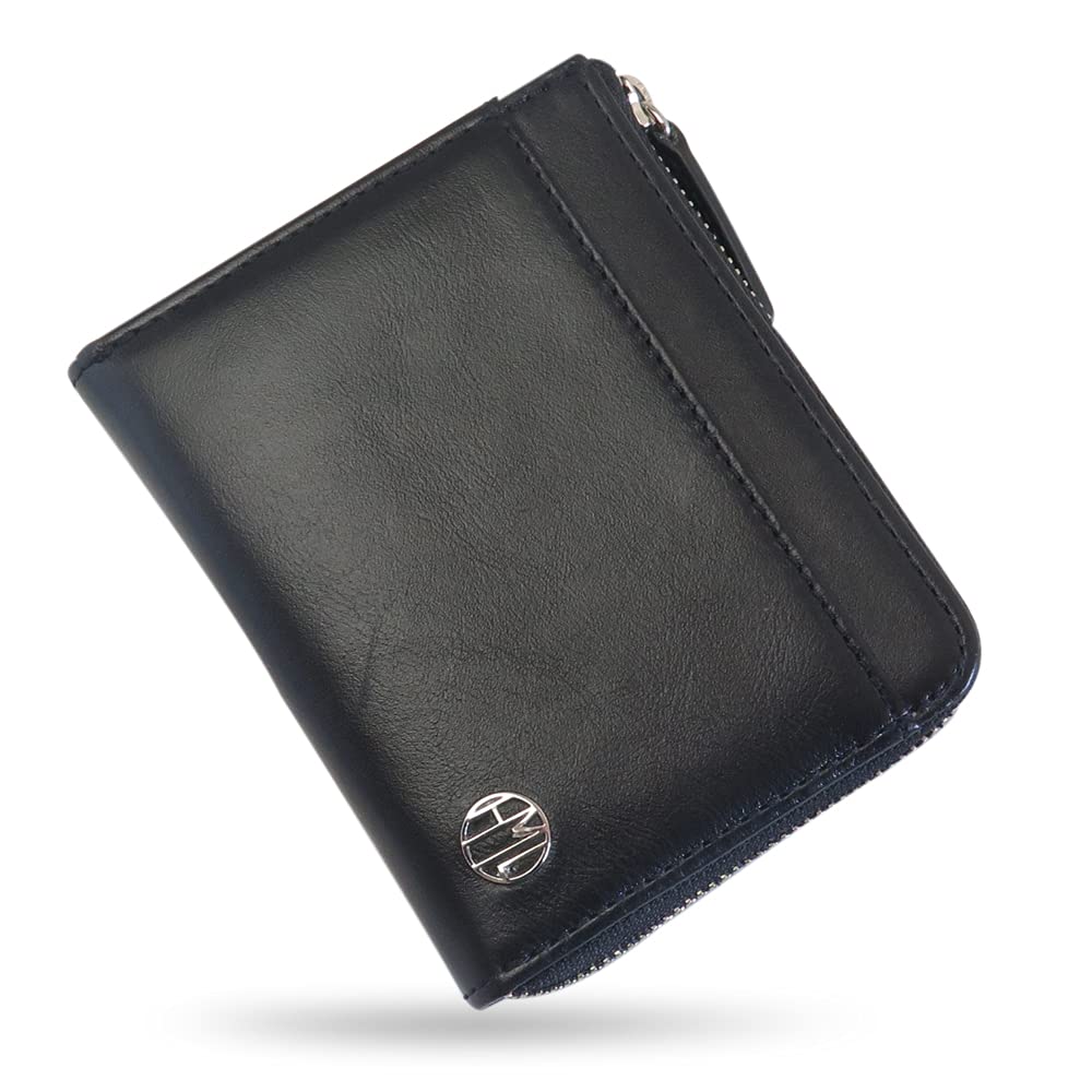 

[HAKATA NO MORI LEATHER] Genuine Leather Mini Wallet with L-Shaped Zipper, Compact Bifold Wallet, Box-Shaped Coin Purse, Anti-Skimming and Magnetic