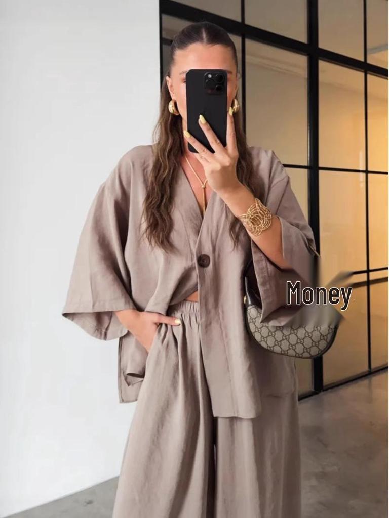 Damenmode Lässiges Zweiteiler-Set: V-Ausschnitt Ein-Knopf Langarm-Oberteil mit High-Waist-Hose