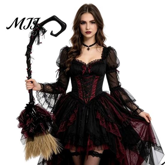 Party Atmosphere Decoration Halloween Witch Broom, Black Tulle Cosplay Costume, Gothic Plastic Broomstick Rose Skeleton Hand for Party, Home