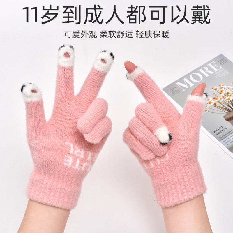 New Autumn and Winter Knitted Plush Gloves Warm and Thickened Finger Gloves