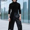 INCERUN Autumn Men High Neck Long Sleeve Fake Two-piece Irregular Velvet Patchwork Casual Tops T-shirts