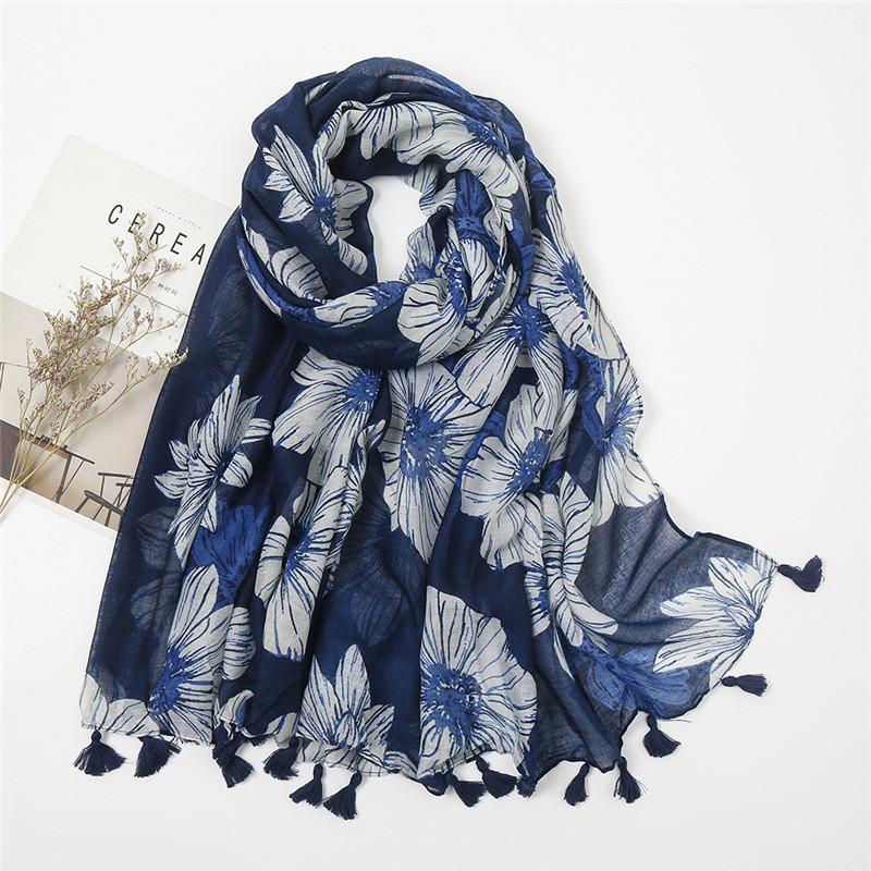 Women Autumn Spain Lovely Polka Floral Tassel Viscose Shawl High Quality Print Wrap Pashmina Stole Bufandas Muslim Hijab Snood