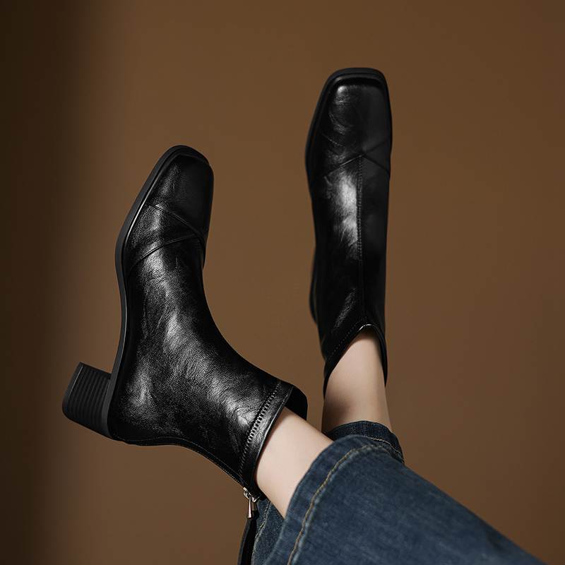 Krazing Pot Microfiber Square Toe Thick Heels Chelsea Boots Size 42 Zip Women Concise Style Elastic Ankle Boots