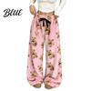 Bear Print Pajamas Women Plush Sleeping Pants Wide Leg Pajama Bottoms Pants Thickened Warm Lounge for Autumn Winter Home Wear Bottoms