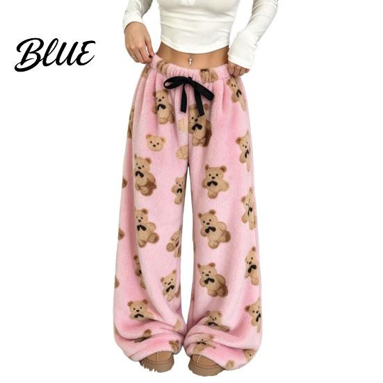 Bear Print Pajamas Women Plush Sleeping Pants Wide Leg Pajama Bottoms Pants Thickened Warm Lounge for Autumn Winter Home Wear Bottoms