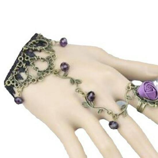 Retro Lace & Crystal Lolita Bracelet-Ring Chain