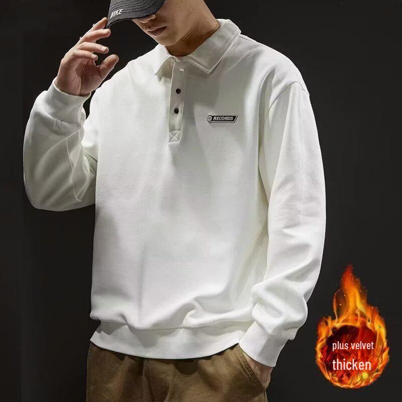 Men's White Chinese Cotton Polo Sweater: Long Sleeve, Velvet-Lined, Autumn/Winter.