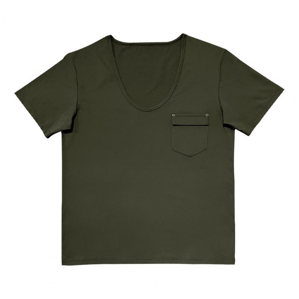 Men Summer T-shirt V Neck Short Sleeves Solid Color Stretchy Chest Pocket Thin Quick Dry Simple Style Casual Daily Wear Sport To