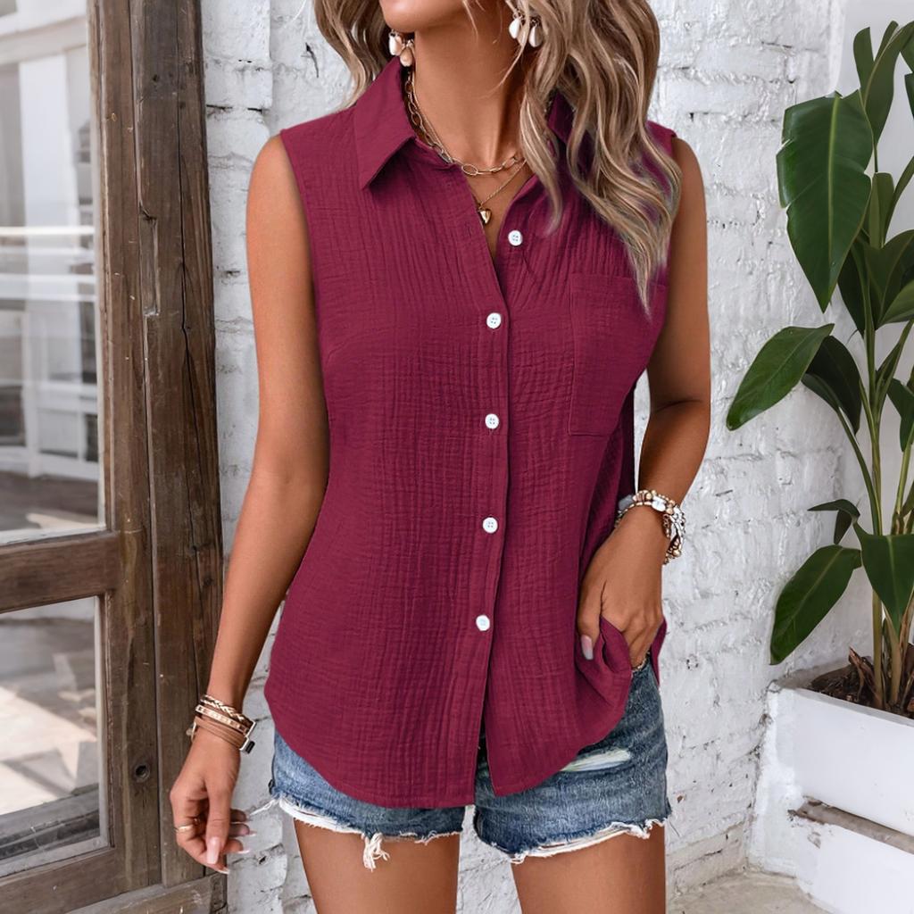 Chaleco Casual sin Mangas para Mujer Ajuste Holgado Cuello de Camisa Abotonado Blusa Ligera de Verano para Uso Diario