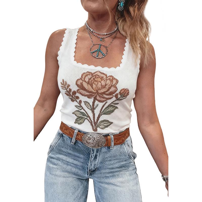 Summer Floral Print Square Neck Pullover Top for Women - European & American Fashion Small