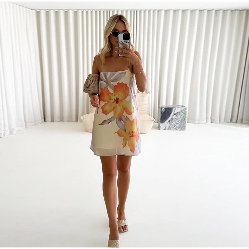 Print Sleeveless Strap Dress Women's Loose Square Collar Off Shoulder Mini Dresses Beachwear