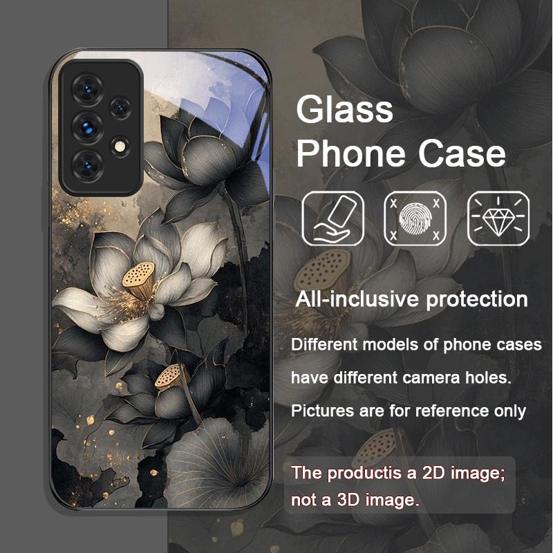 Luxus Blumendekor Lotusblumenmuster Gehärtetes Glas Handyhülle für Samsung Galaxy A56 A55 A54 A53 A52 A36 A14 A31 A51 5G Hülle