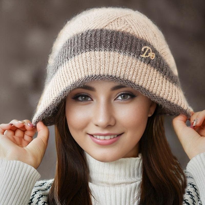 Woolen Hat, Women's Pile Hat, Autumn and Winter Thick Double-layer Warm Knitted Hat