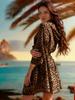 Russian Exclusive Mesh Print Seven-Sleeve Beach Cover-Up Shirt