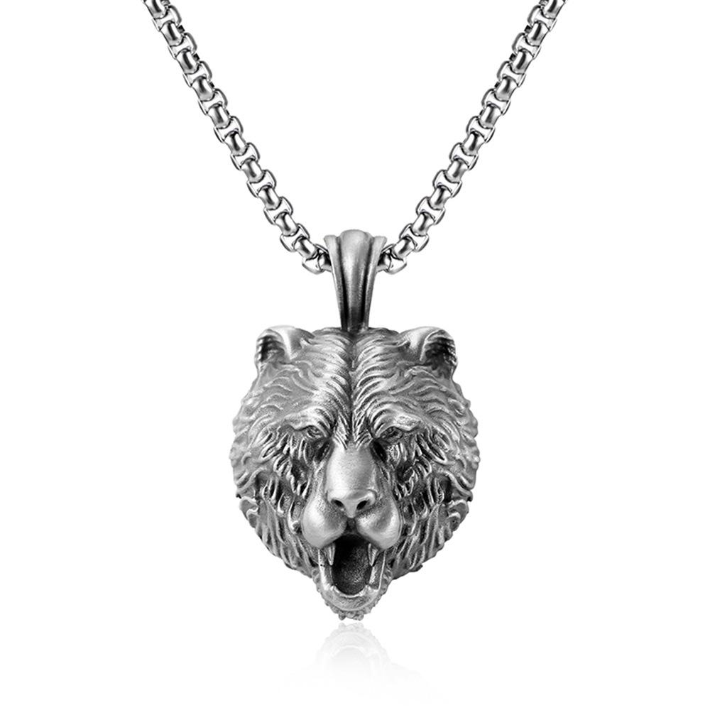 Wind Brown Bear Head Pendant European and American Men's Hip-hop Necklace Punk Animal Pendant Stainless Steel Sweater Chain