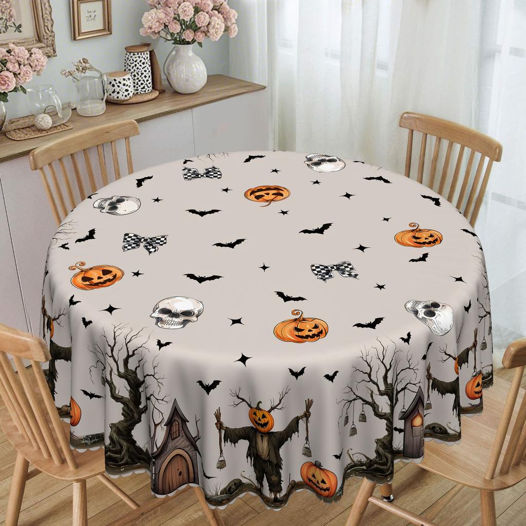 1 Retro Halloween Tablecloth, Brown Skull Background, Country Grid And Pumpkin, Halloween Gift