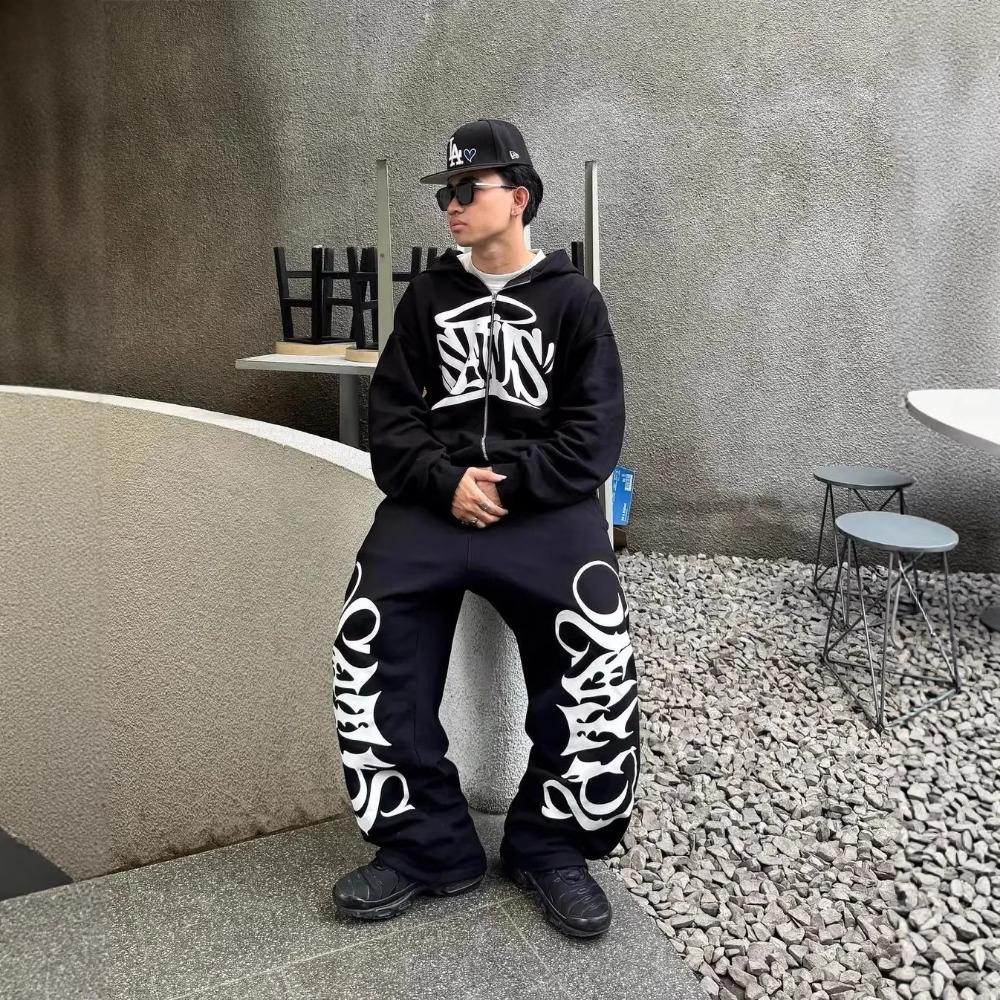 Europäischer und Amerikanischer Herren Herbst und Winter Neuer Stil Amerikanische Modemarke Bedruckte Reißverschluss Sweatshirt Jacke Hip-Hop Ins Stil Set