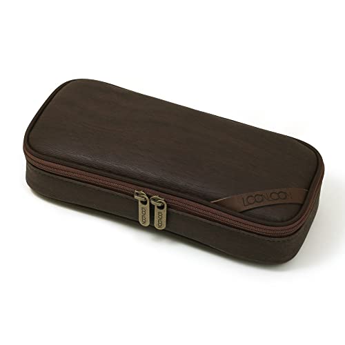 LOONLOON 664 Wood Pencil Case, Dark Brown, Large Capacity, Stylish, Two-Story, Multifunctional, Wood Grain Finish