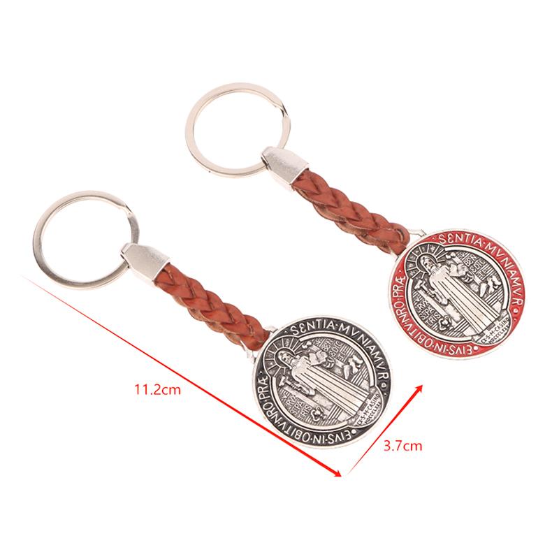1 szt. Vintage Święty Benedykt PU Skórzany Brelok Dla Mężczyzn Kobiet Zawieszka do Torby Ozdoby Prezent Religijny