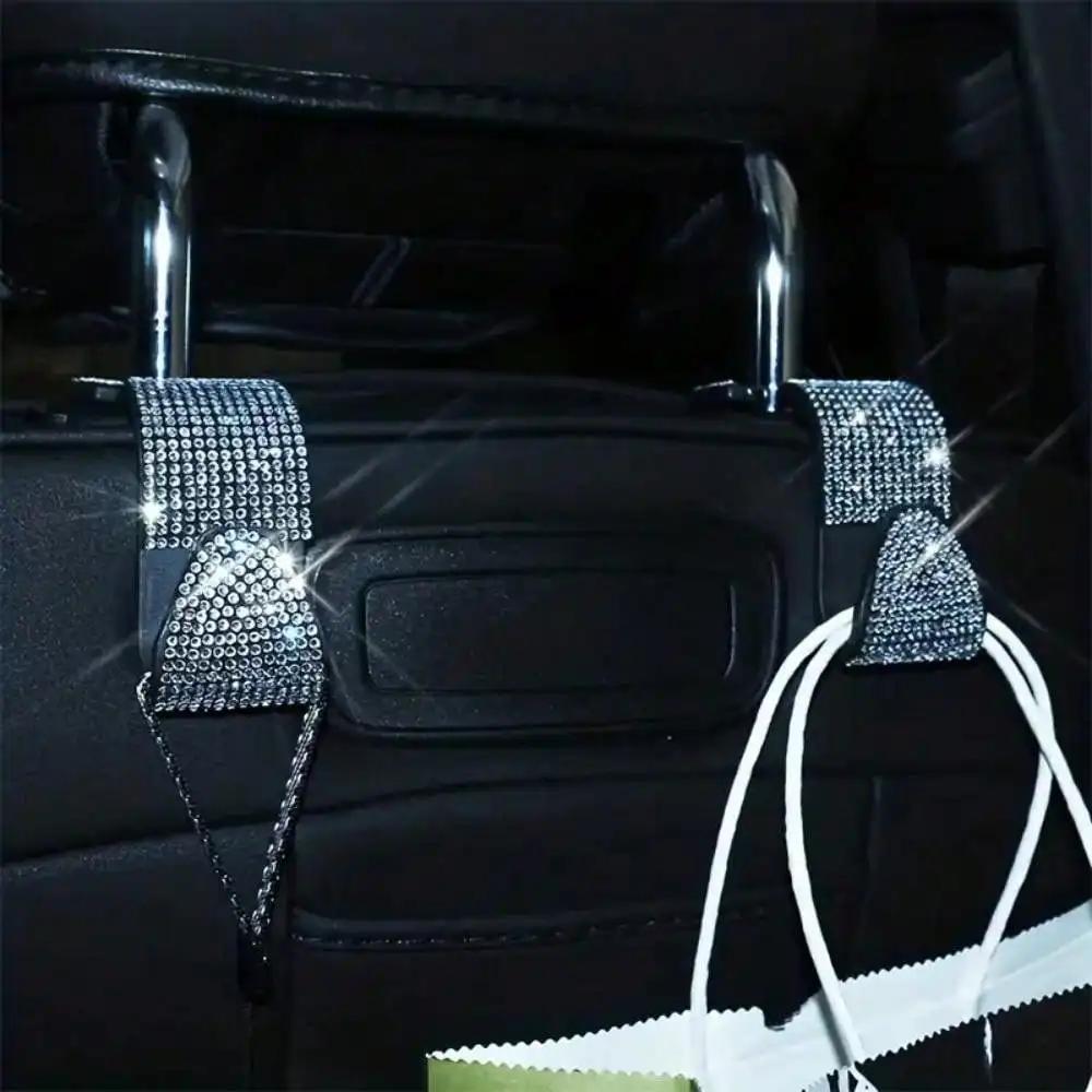 2pcsMultifunction Portable Rhinestone Car Seat Back Hook Headrest Storage Holder Hanging Bag Organizer Auto Interior Accessories