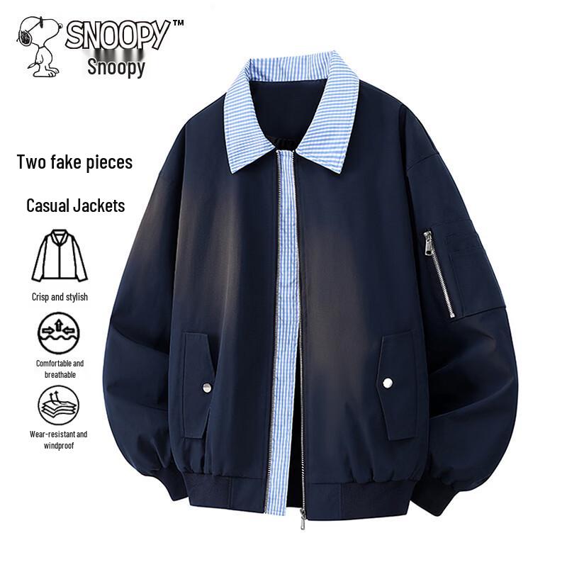 Snoopy Men s Plaid Patchwork Loose-Fit Jacket M