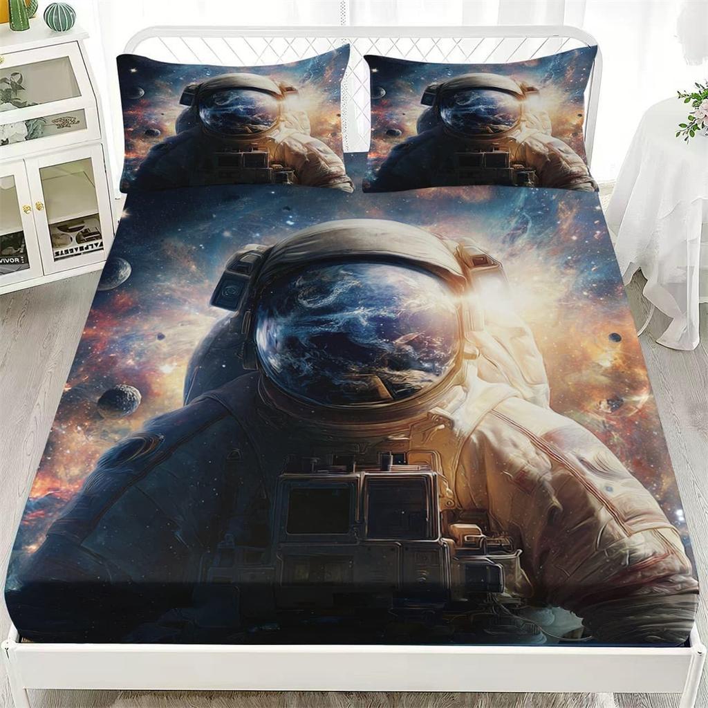 Astronaut Fitted Sheet,Universe Planet Bedding Set 2pcs,Outer Space Theme Bed Cover with 1 Pillowcase for Kids Boys Room Decor