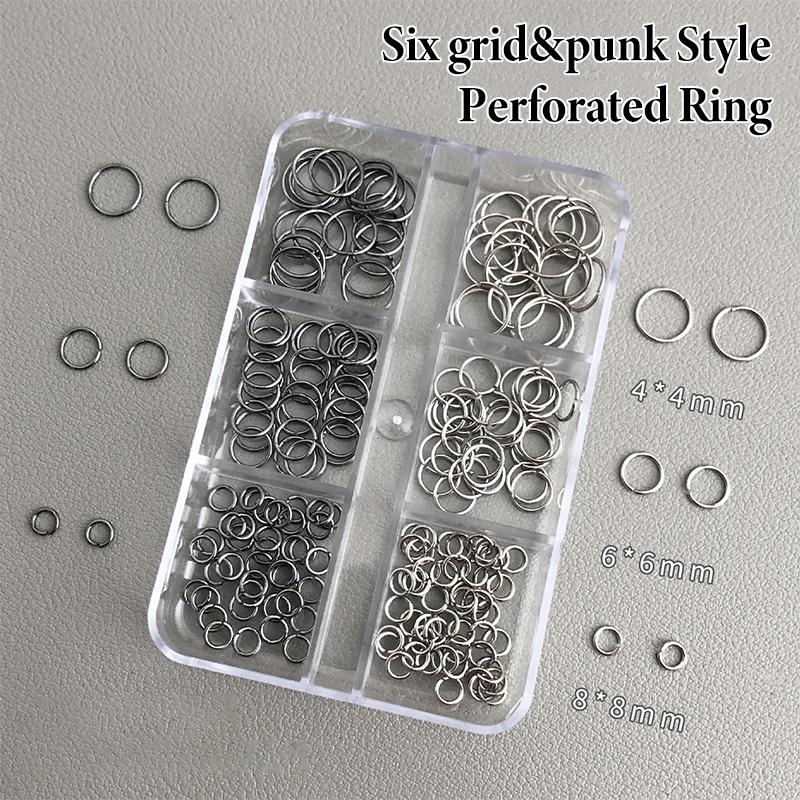 6 Grids Mix Punk Piercing Perforable Round Circle Ring White K Gun Black Alloy Nail Decorations Manicure Charms
