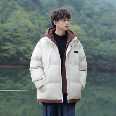 American Fake Two-piece Hooded Cotton-padded Jacket for Men's Winter New Trendy Brand Thickened Cold-proof Down Cotton-padded Jacket