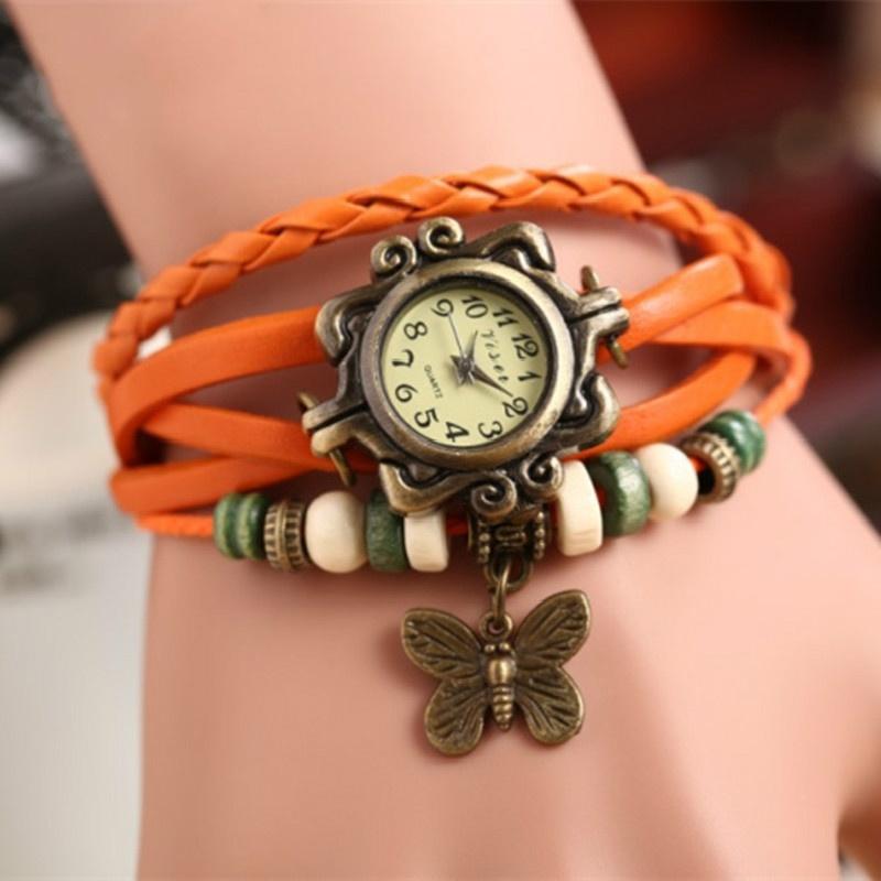 Vintage Cow Leather Watch Women Ladies Fashion Butterfly Beads Dress Quartz Wristwatch