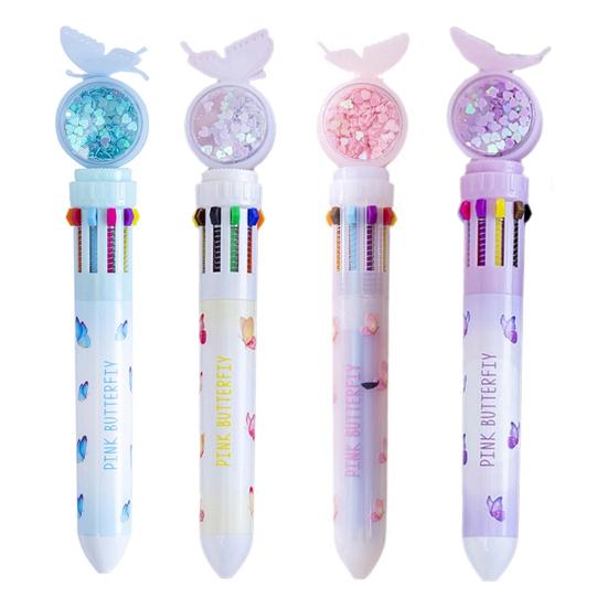 Cartoon Ausziehbarer Kugelschreiber Niedlicher Schmetterling Fließender Glitzerstift Mehrfarbige Nachfüllmine Lustiges Schulmaterial Kreatives Geschenk für Schüler Kinder