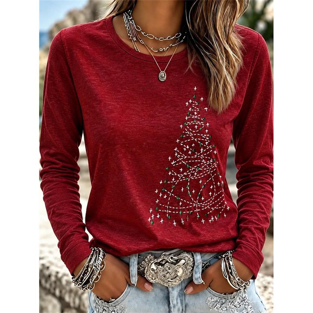 Women’s Autumn Long-Sleeve Christmas T-Shirt Crew-Neck Pullover with Holiday Letter Print Loose Fit Casual Street-Style Top