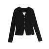 French Style Solid Color Embroidered Logo Simple Long Sleeve V-Neck Sweater Women Sweater Black EM40013