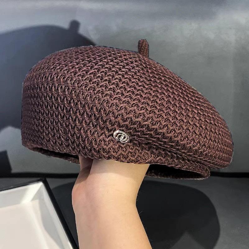 Summer new hat women's sunshade thin knitted beret versatile breathable hollowed out big head bud painter hat