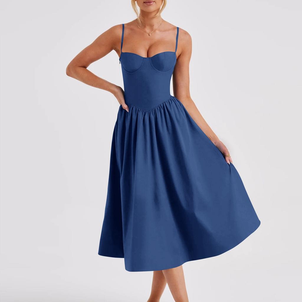 Women's Summer A-Line Midi Dress Sleeveless Spaghetti Strap Slim Fit Waist Casual Dress